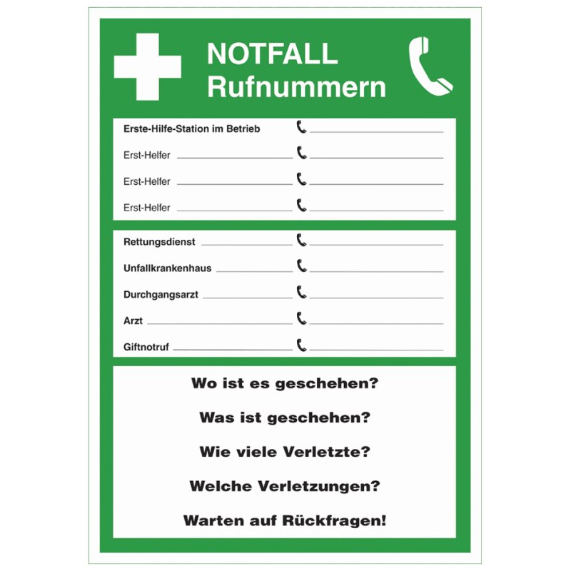 LEINA-WERKE panneau d'avertissement Numéros d'urgence, vert/blanc, 210×297 mm, Hart-PVC